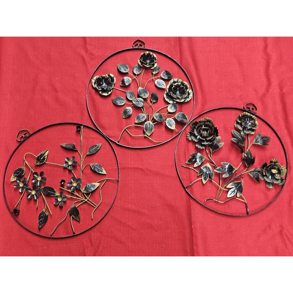 3 Piece Vintage Floral Metal Wall Hangings RARE Aproximately‎ 12 inches In...